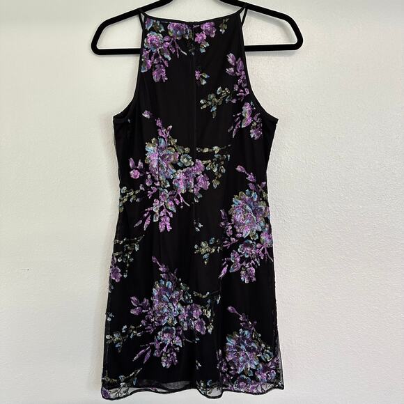 White House Black Market Floral Sequins Purple High Neck Cocktail Mini Dress 2 - Picture 3 of 9